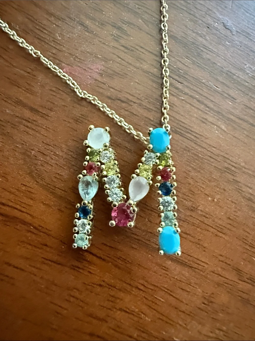 Gold Initial 'M' Multi-Gemstone Necklace - Turquoise & Pink Accent